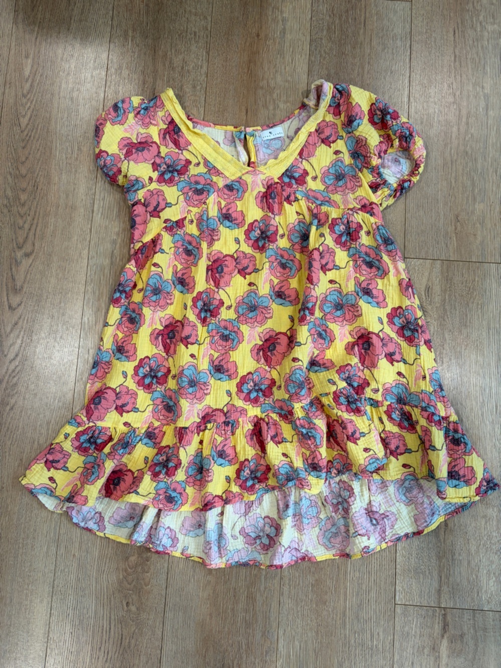 True Craft Yellow Floral Boho Babydoll Top Gauze V Neck Puff Sleeve Size M